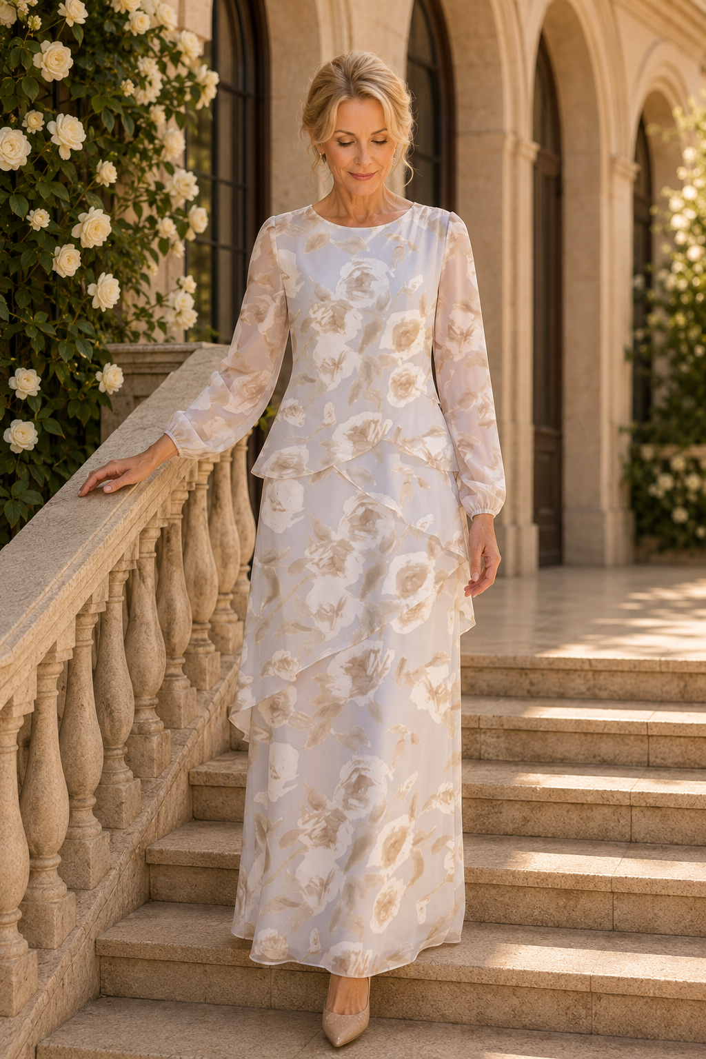 Floral Tiered Maxi Dress with Long Sleeves