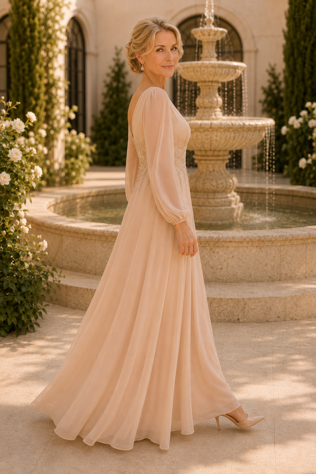 A-Line Chiffon Gown with Long Bishop Sleeves