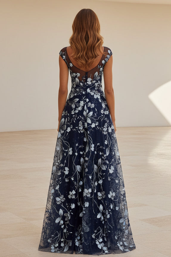 Cap Sleeve Floral Illusion A-Line Evening Gown