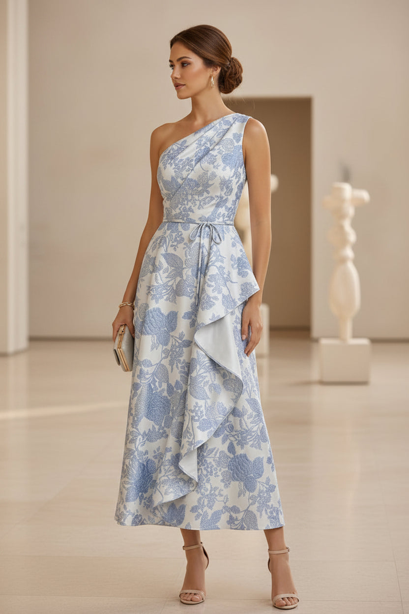 One Shoulder Floral Jacquard Midi Dress with Ruffle