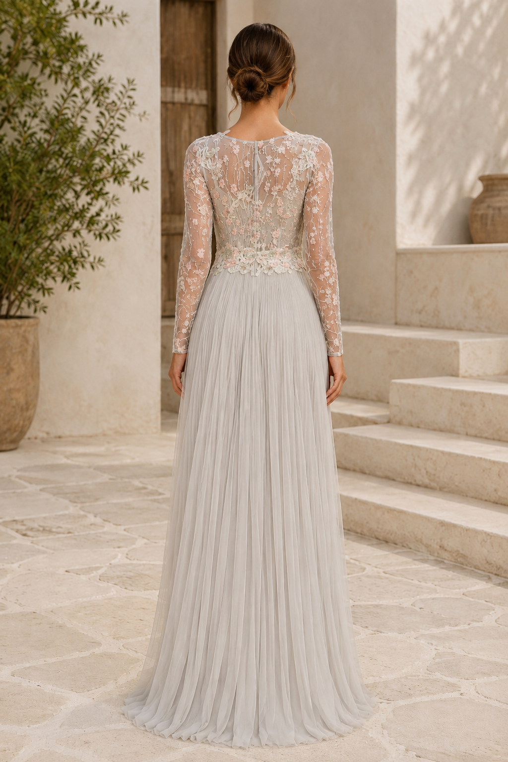 Floral Lace Illusion Long Sleeve A-Line Evening Gown