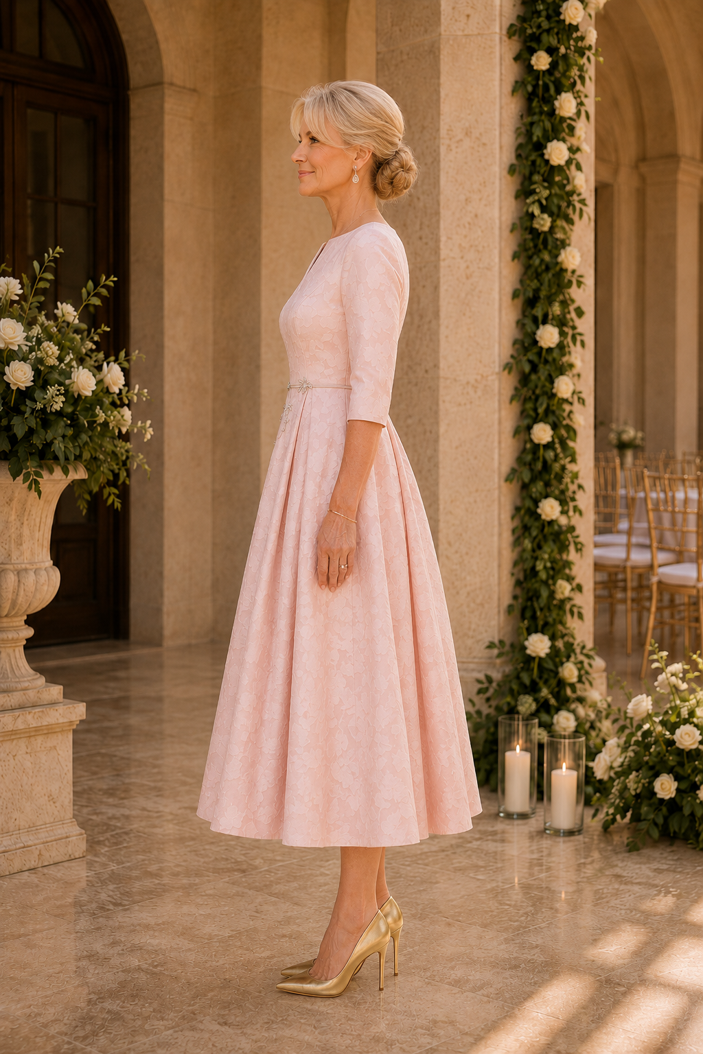 Jacquard Tea-Length Dress with 3/4 Sleeves
