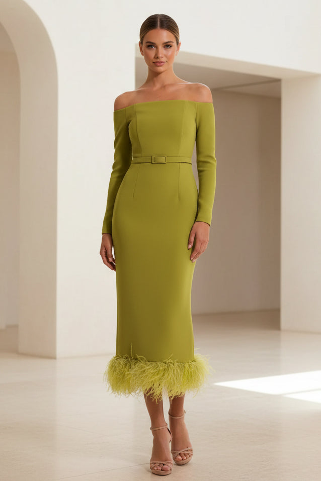 Off-the-Shoulder Long Sleeve Feather Midi Dress