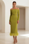 Off-the-Shoulder Long Sleeve Feather Midi Dress