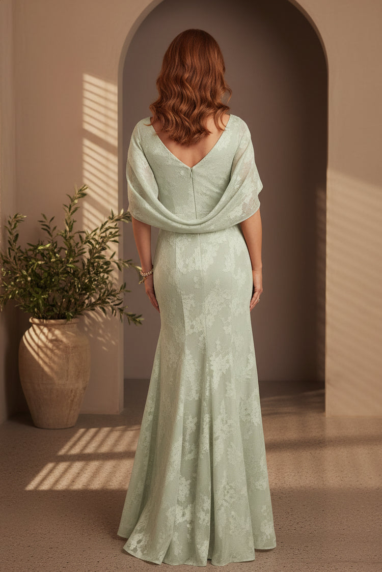 Ruched Floral Jacquard Gown with Cape Back