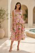 Floral Embroidered Tiered Mesh Midi Dress with Tie Straps