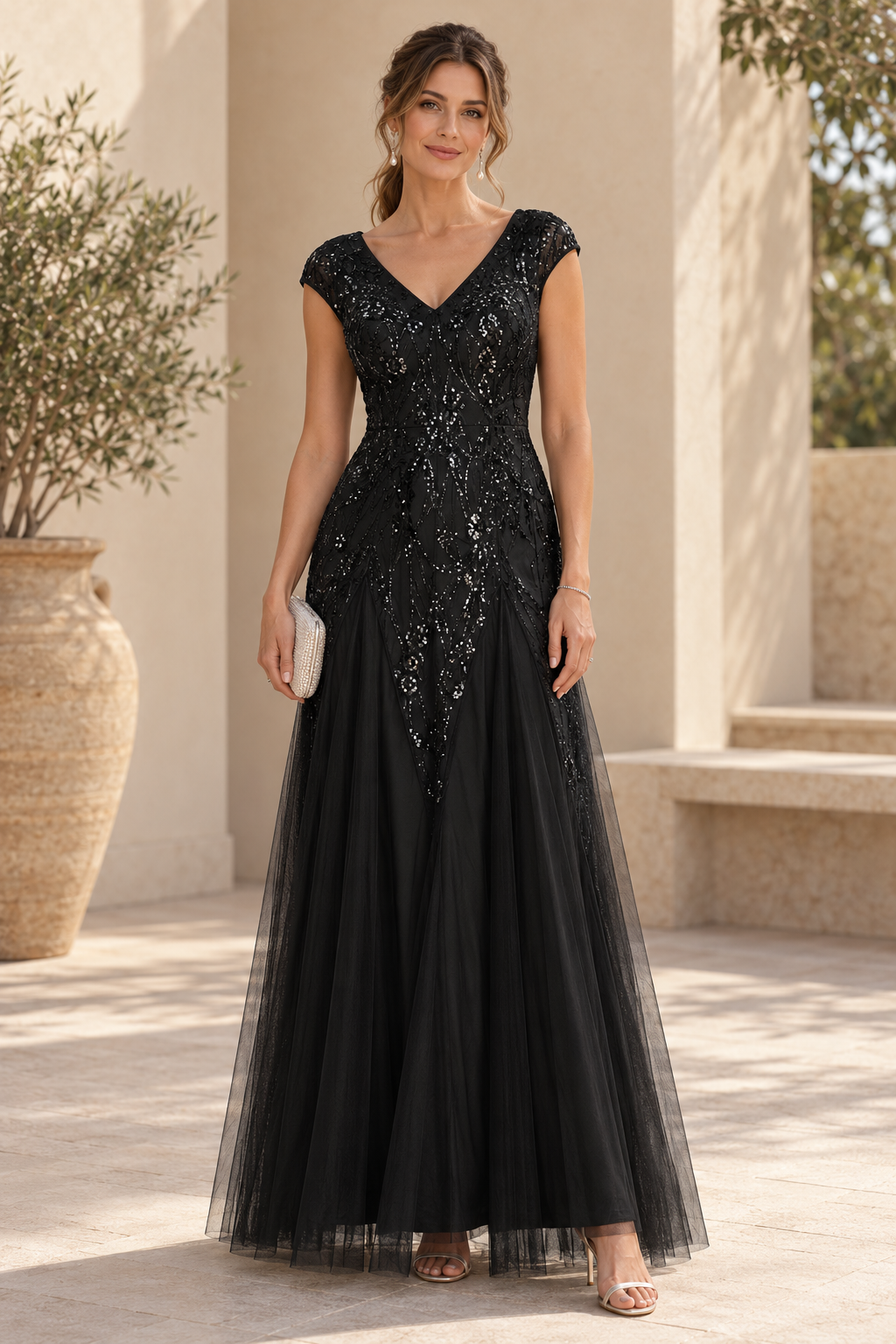 Sequin Bodice V-Neck Tulle A-Line Evening Gown