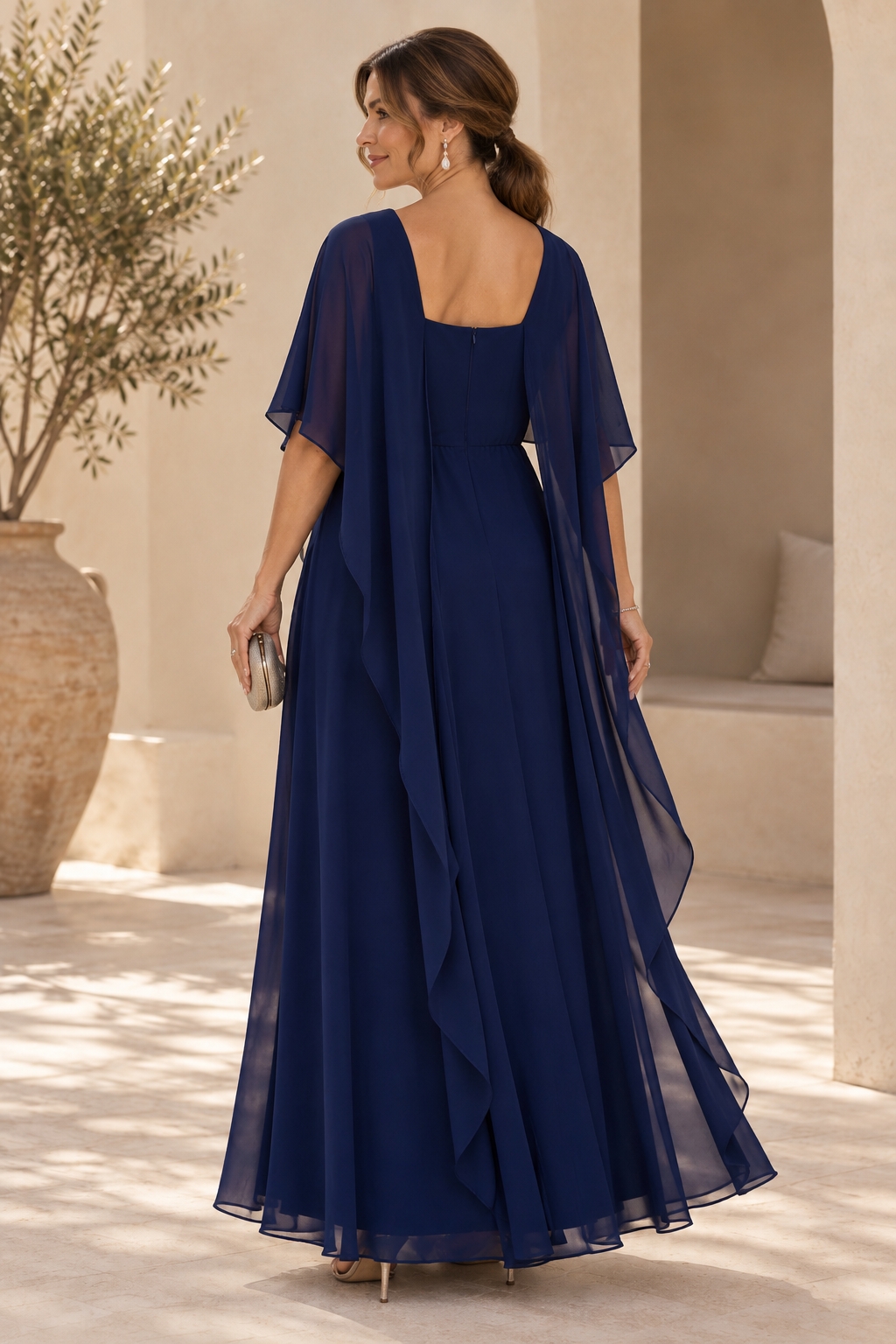 Chiffon Cape Sleeve Maxi Dress with Appliques