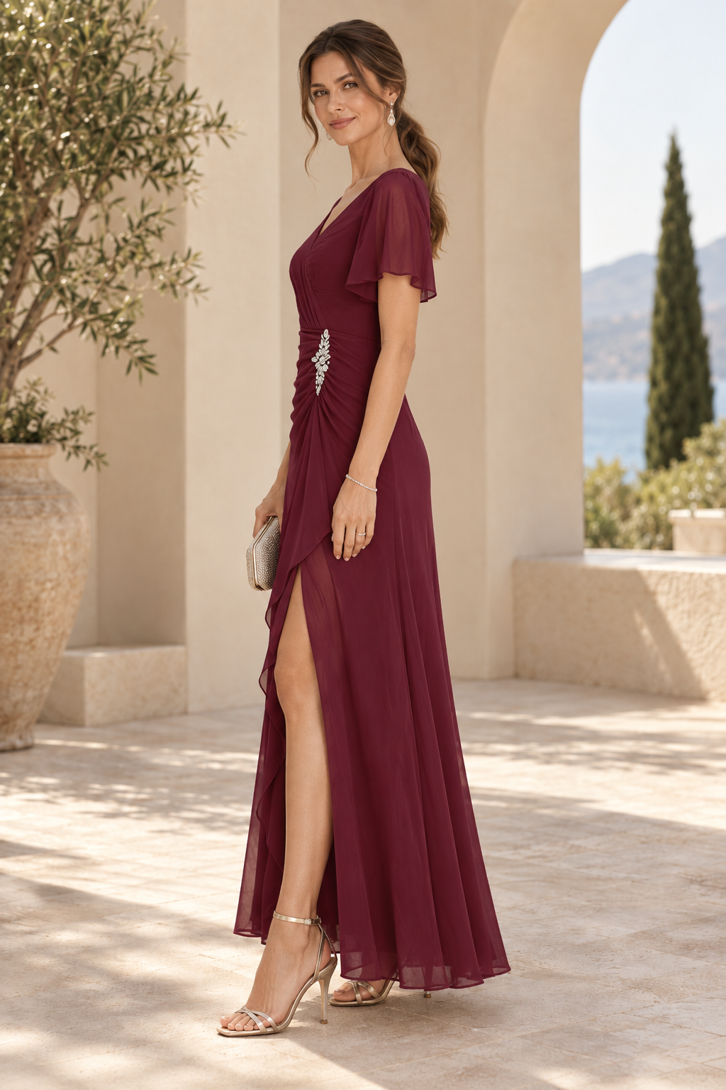 Flutter Sleeve Ruched A-Line Gown with Slit