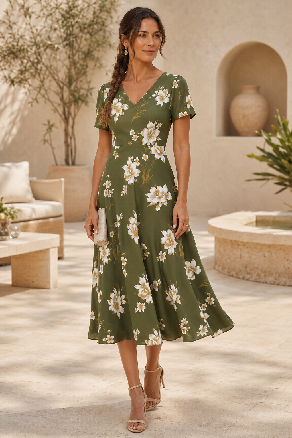 Floral V-Neck Short Sleeve Midi Dress
