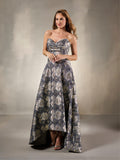Strapless Floral Jacquard High-Low Evening Gown