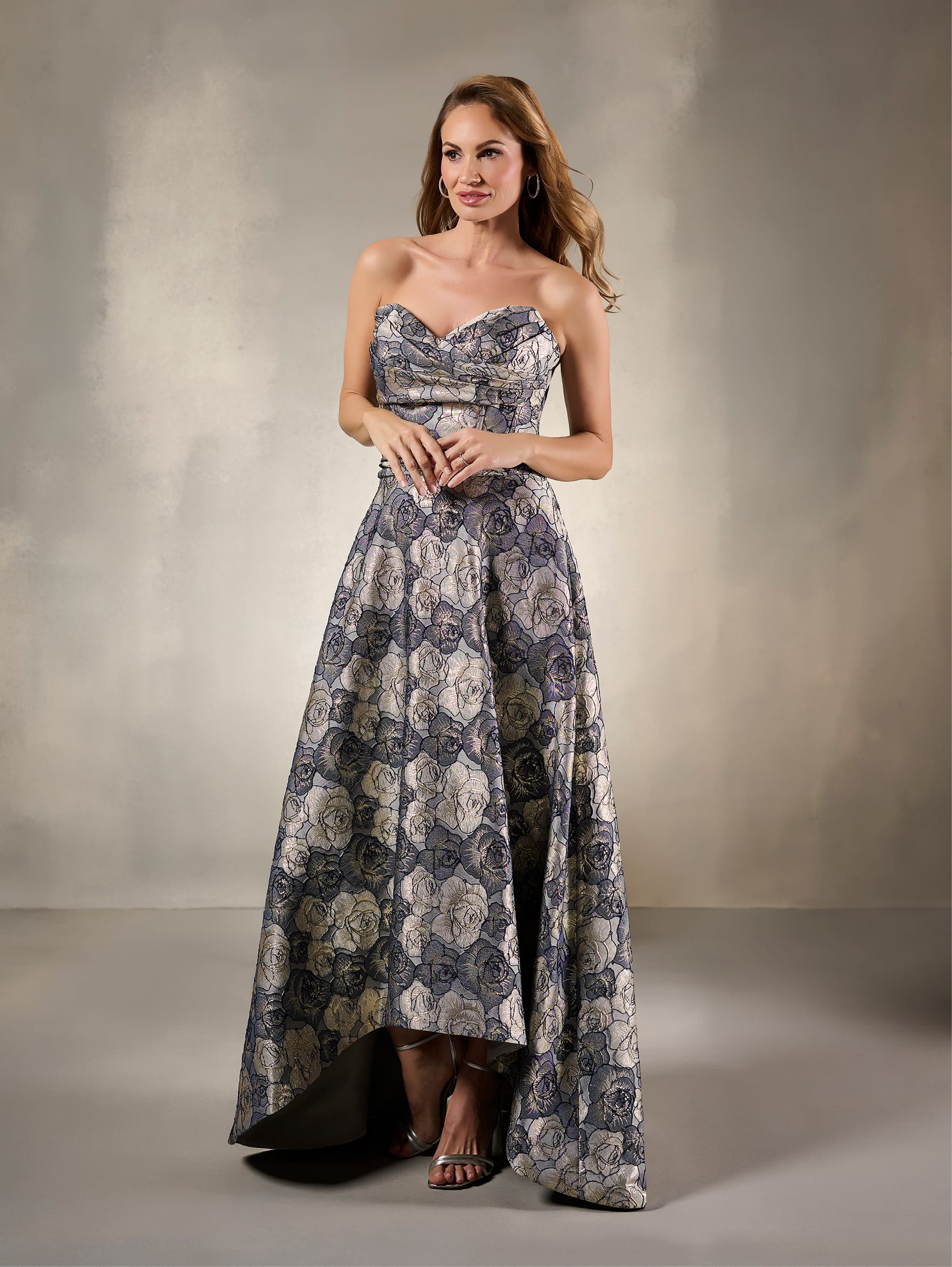Strapless Floral Jacquard High-Low Evening Gown