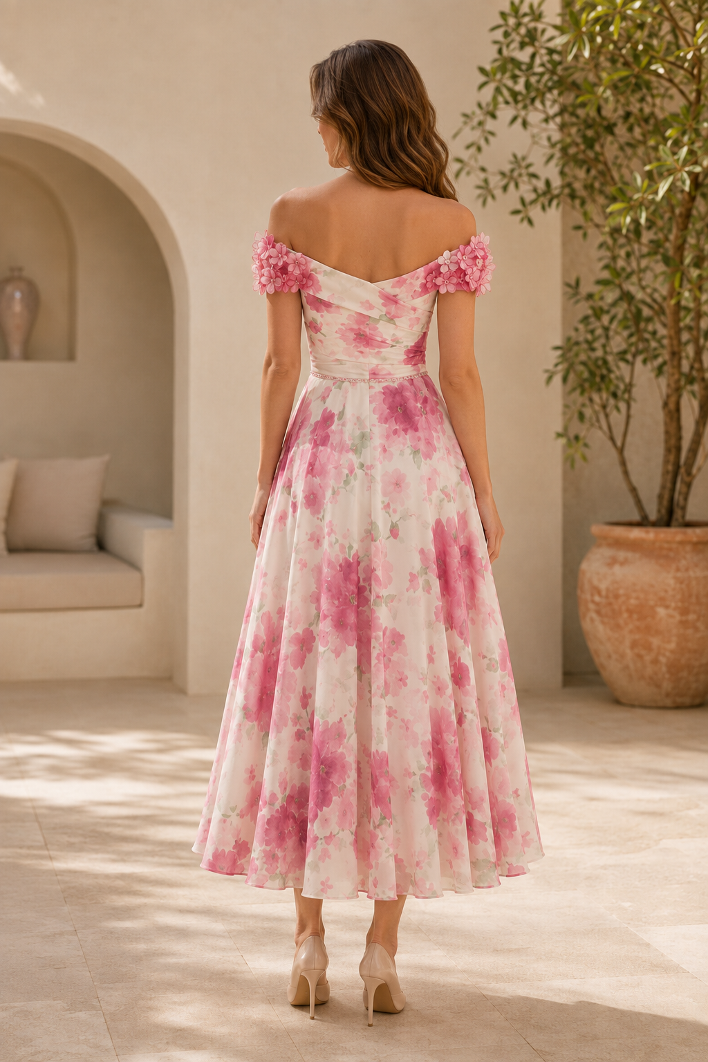 Floral Off-the-Shoulder Tea-Length A-Line Dress