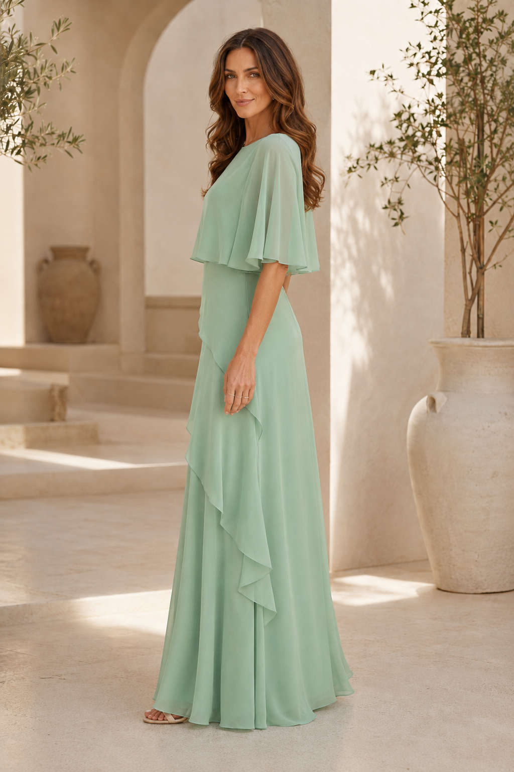 Chiffon Cape Sleeve Tiered Asymmetrical Maxi Dress