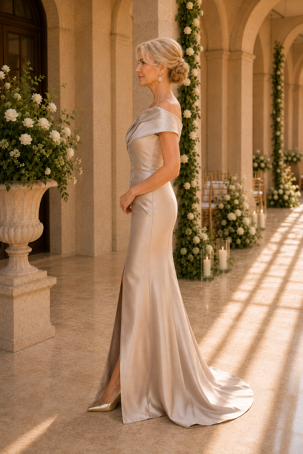 Asymmetrical Off-Shoulder Satin Gown with Slit