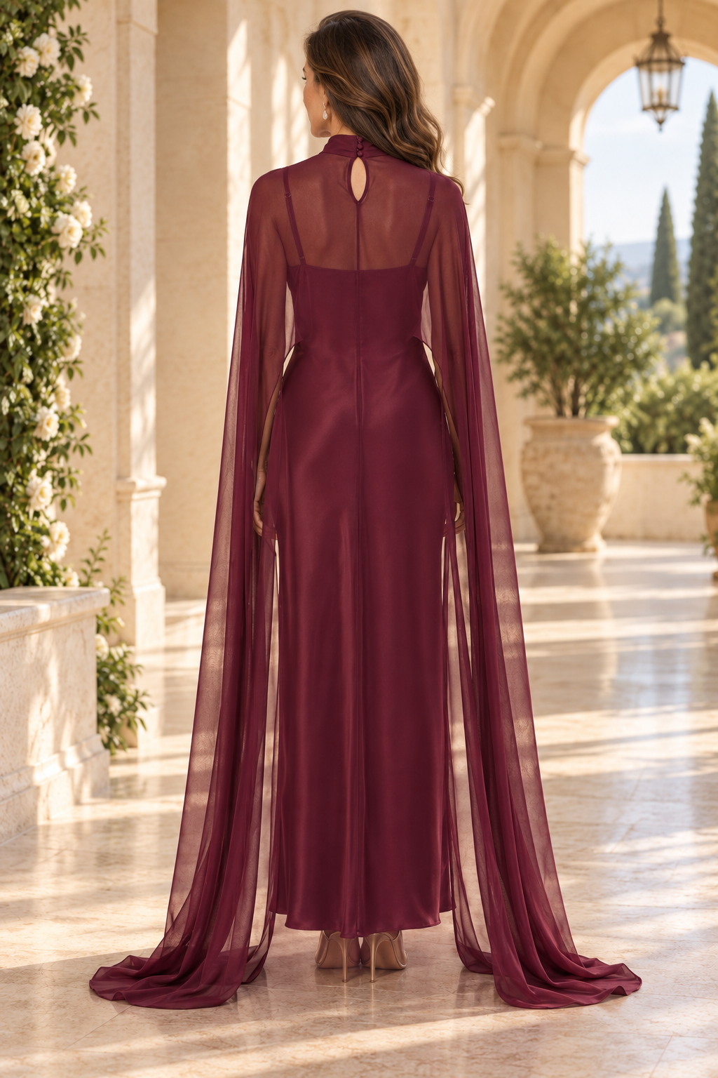 Satin Column Evening Gown with Sheer High-Neck Cape