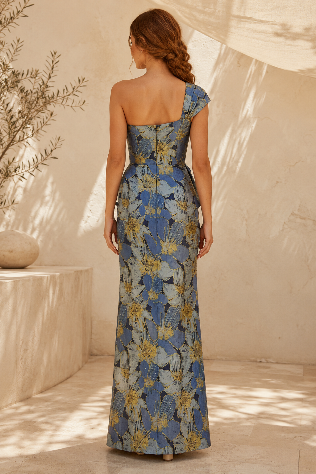 One-Shoulder Floral Jacquard Gown with Waist Tie