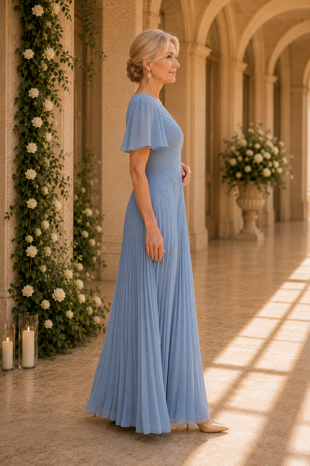 Pleated Chiffon A-Line Gown with Flutter Sleeves