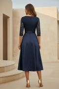 Elegant Lace Bodice Midi Dress with 3/4 Sleeves