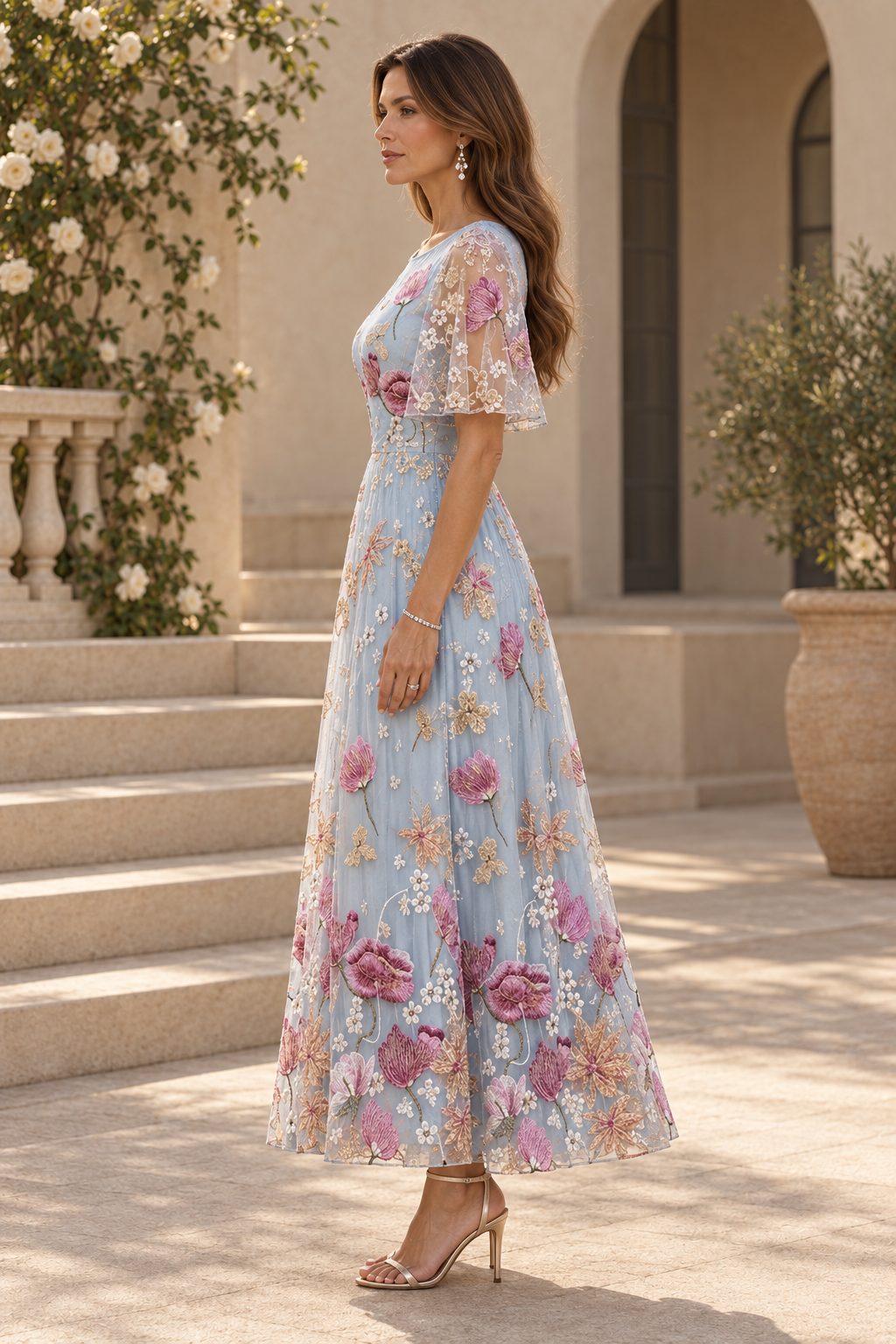 Floral Embroidered Flutter Sleeve A-Line Midi Dress