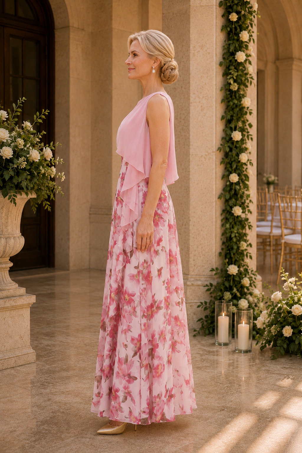 Floral Chiffon A-Line Gown with Draped Bodice