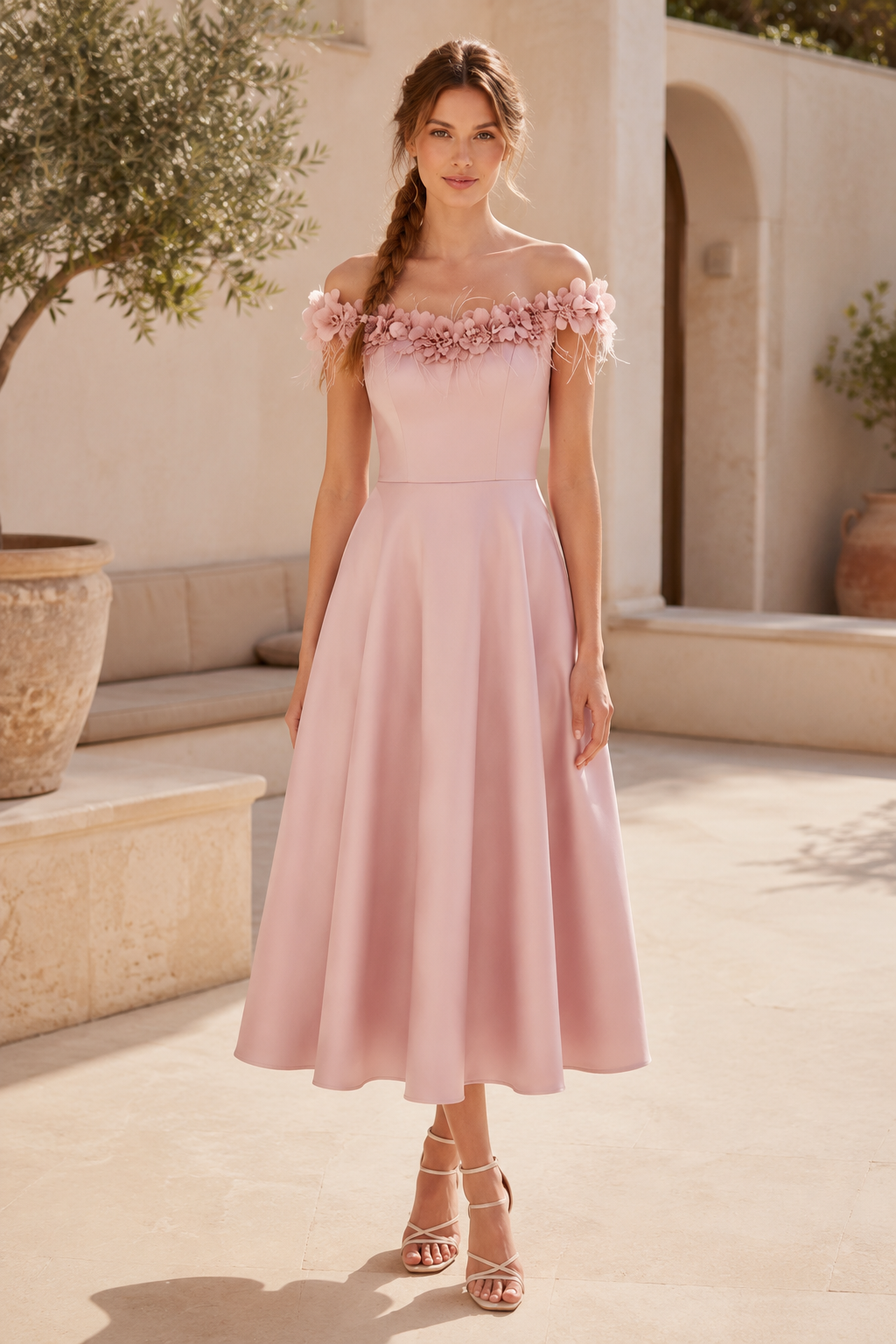 3D Floral Off-the-Shoulder Satin Midi Dress