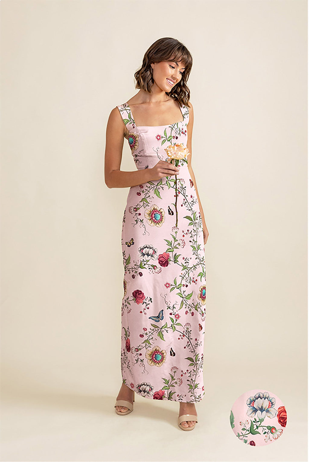 Floral Print Square Neck Column Maxi Dress