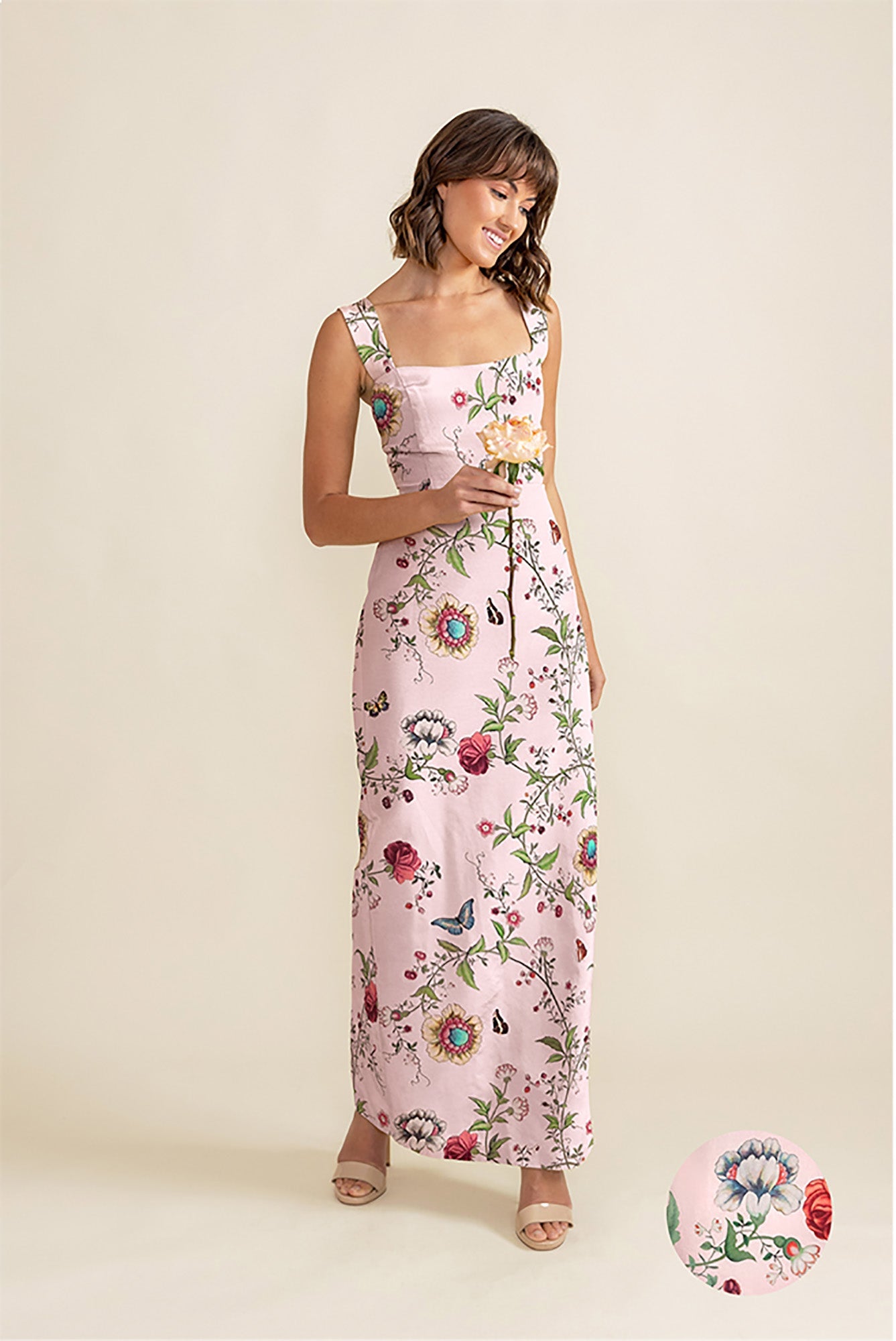 Floral Print Square Neck Column Maxi Dress