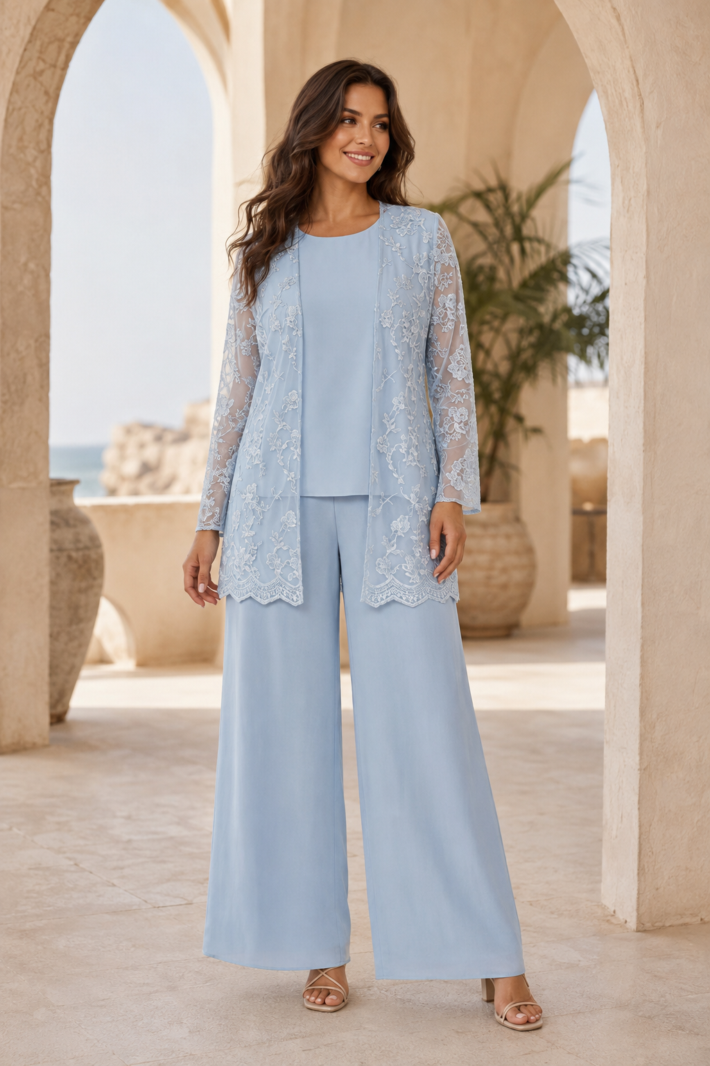 Three-Piece Lace Jacket, Top & Wide-Leg Pants Set