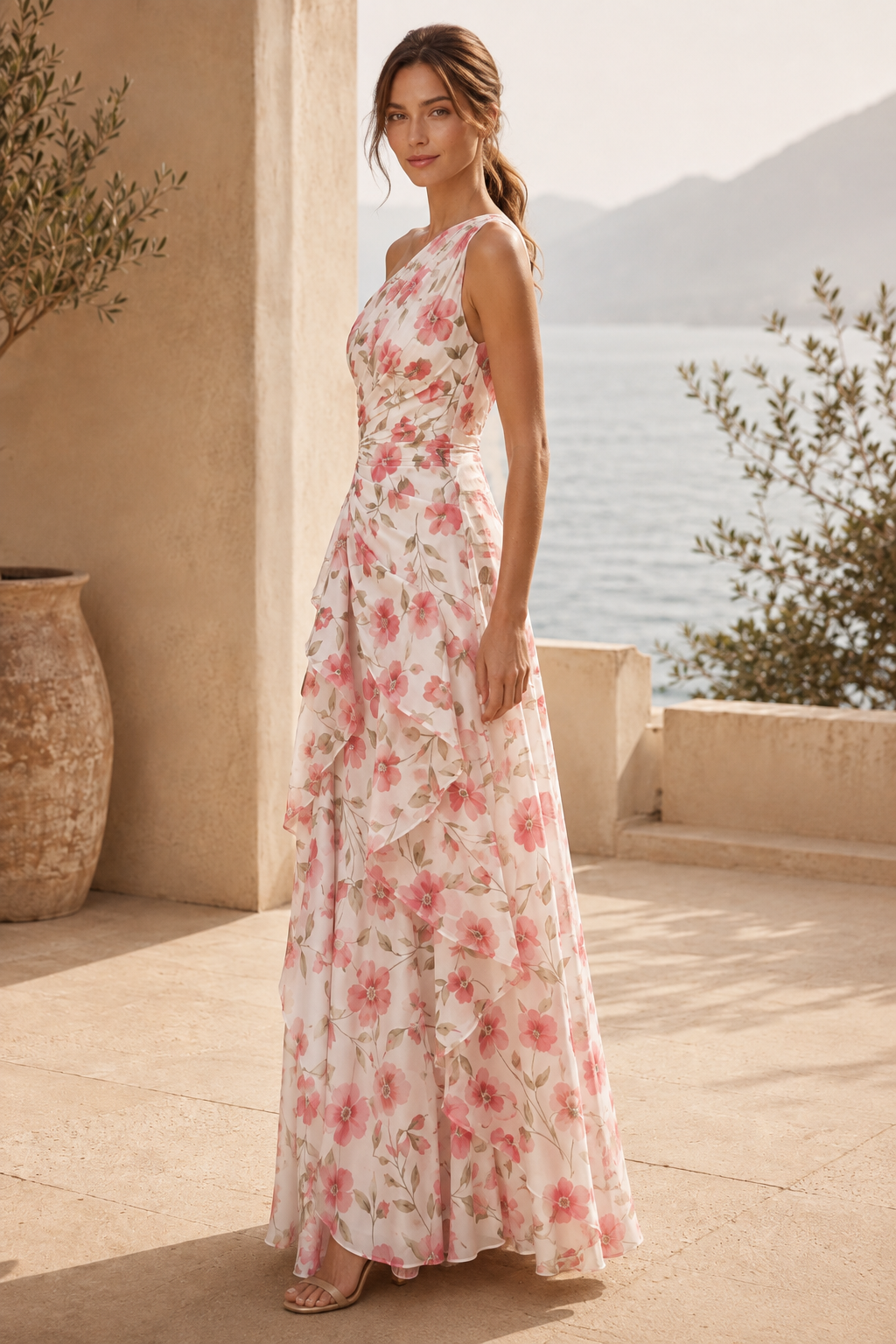 One-Shoulder Cascading Ruffle Floral Maxi Dress