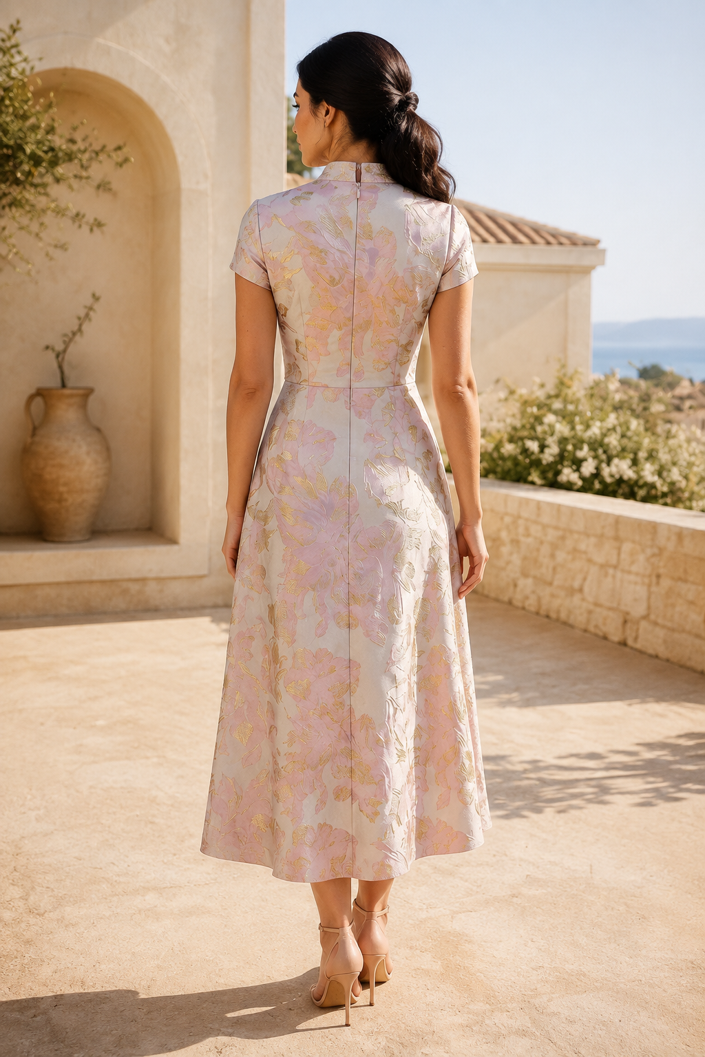 Floral Jacquard Wrap Midi Dress with Cap Sleeves