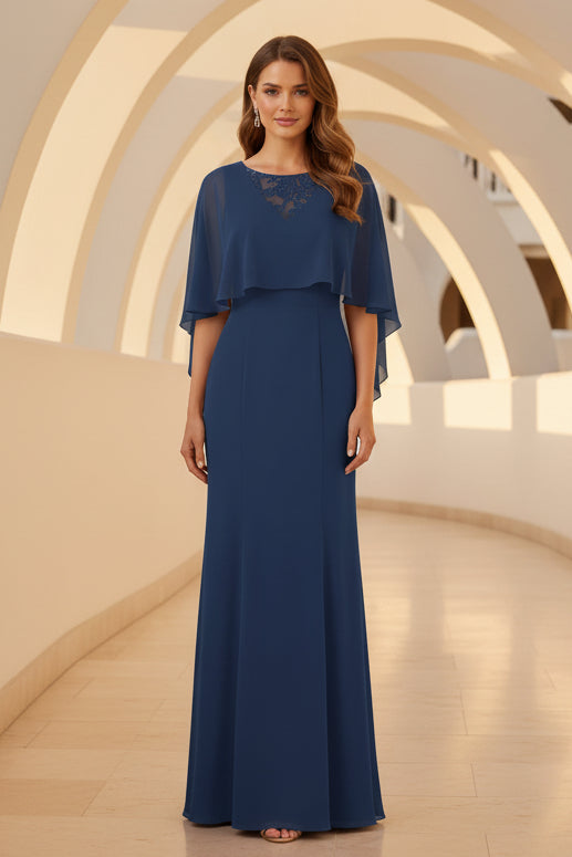 Floor-Length Chiffon Cape Gown with Lace Detail