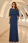 Floor-Length Chiffon Cape Gown with Lace Detail