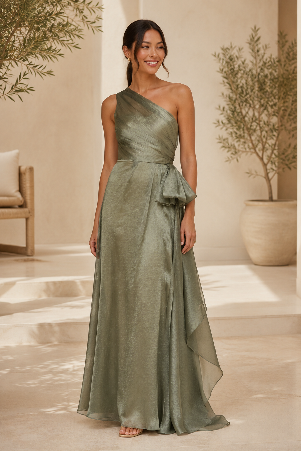 One Shoulder Pleated A-Line Evening Gown