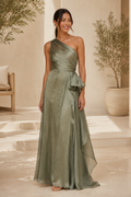 One Shoulder Pleated A-Line Evening Gown