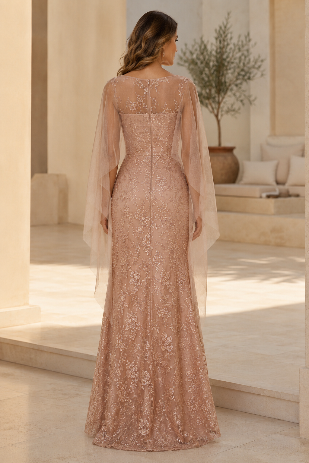 Illusion Neckline Cape Sleeve Floral Lace Mermaid Gown
