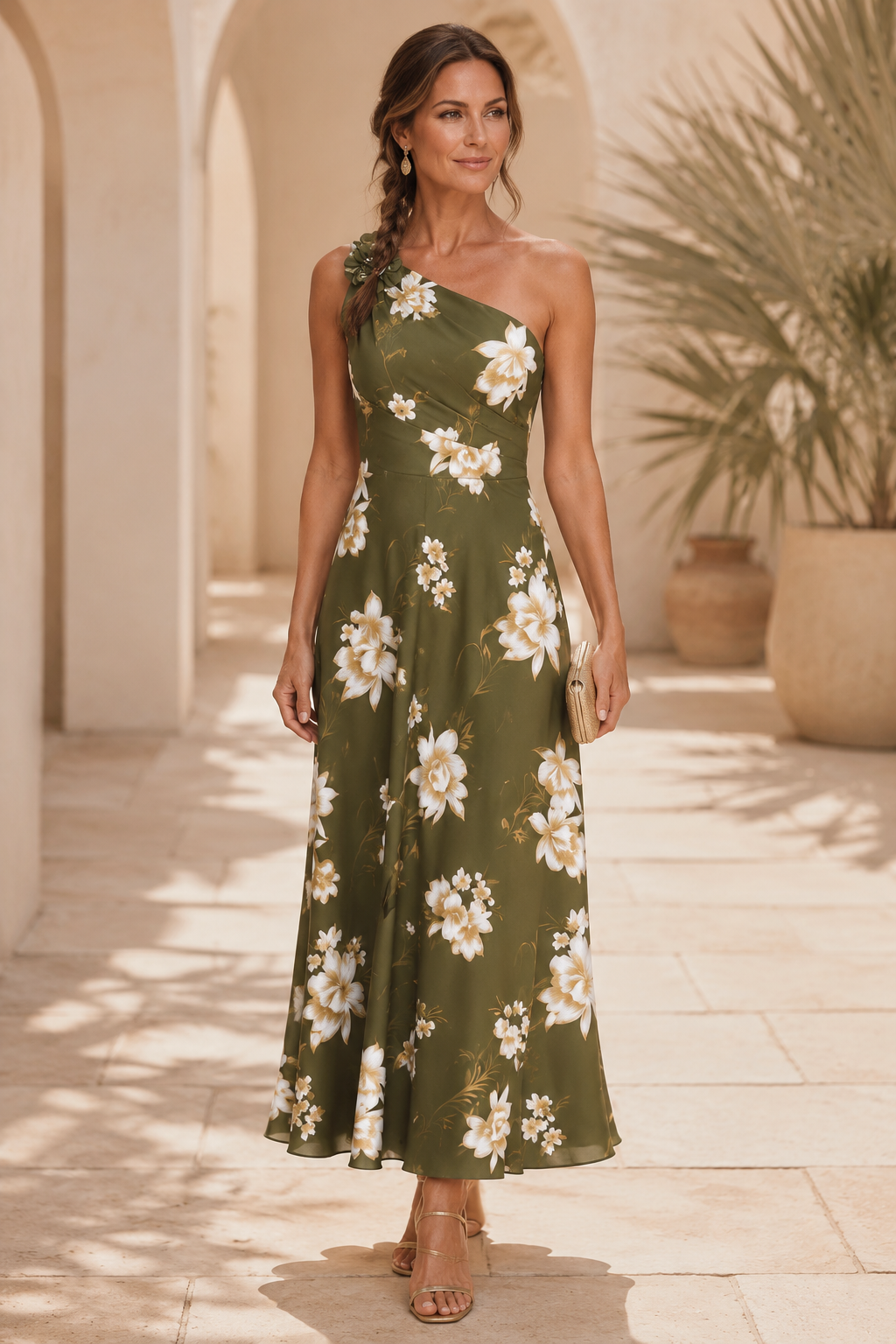 One-Shoulder Floral Midi Dress with 3D Flower