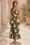 One-Shoulder Floral Midi Dress with 3D Flower