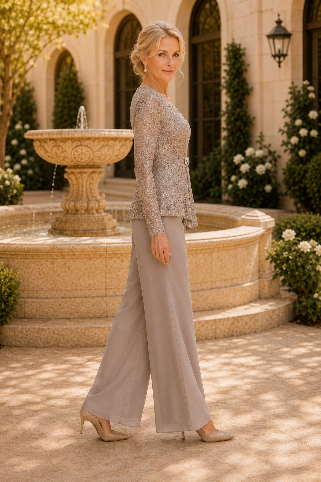 Sequin Lace Long Sleeve Top and Wide-Leg Pantsuit