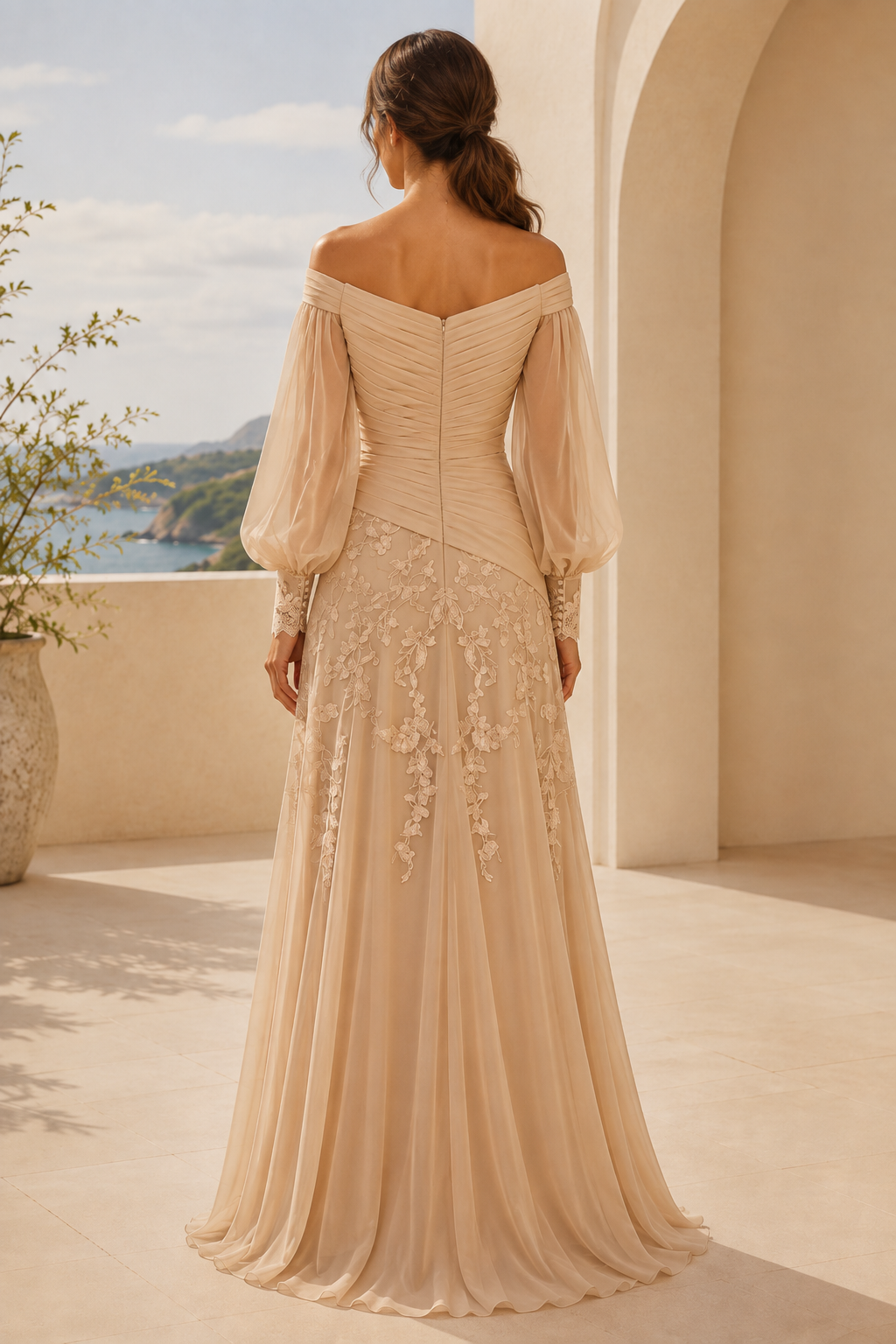 Off-the-Shoulder Ruched Gown with Bishop Sleeves