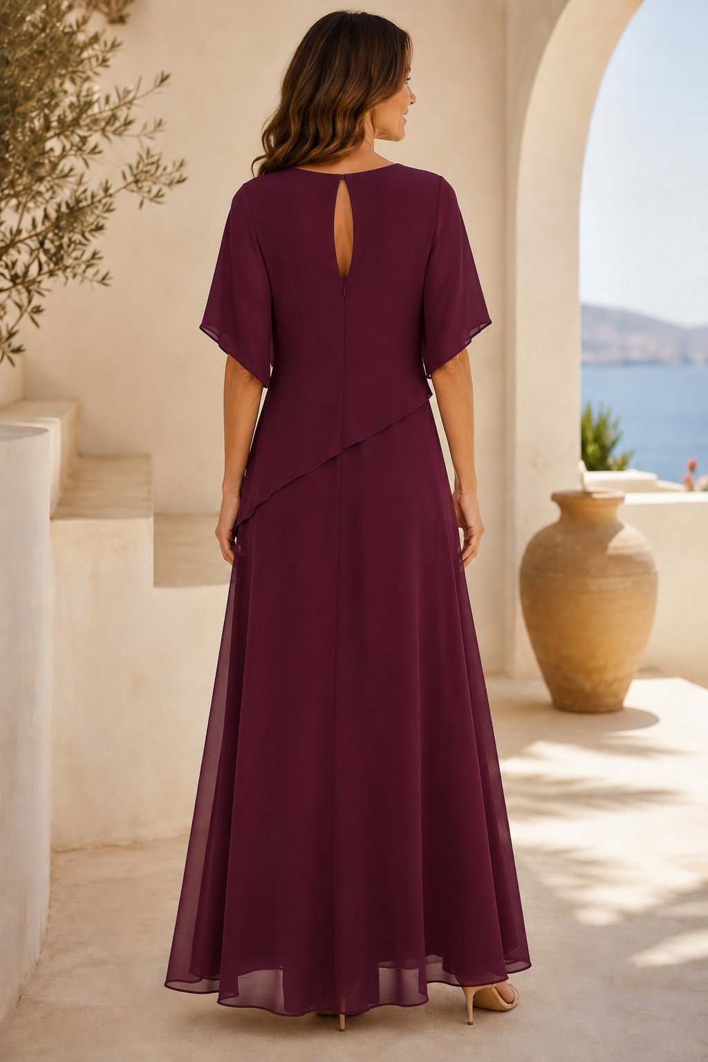 Tiered Chiffon Flutter Sleeve Maxi Dress