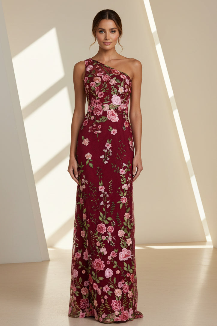 Embroidered Floral One-Shoulder Evening Gown