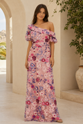 One Shoulder Floral Embroidered Maxi Dress
