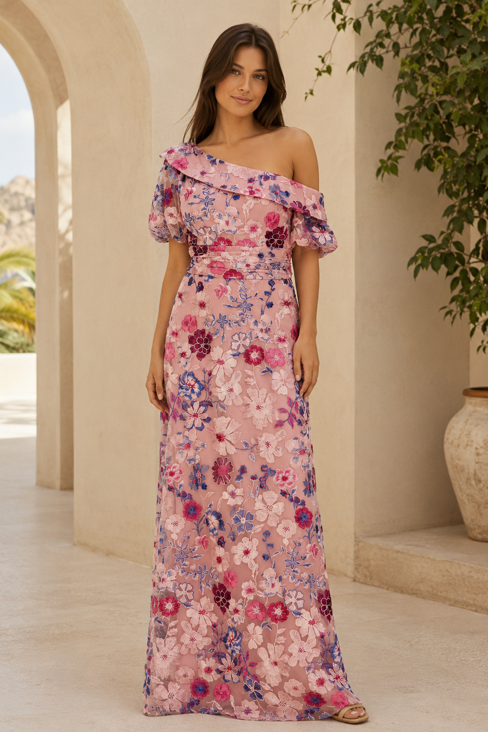 One Shoulder Floral Embroidered Maxi Dress