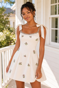 Bow Strap Floral Embroidered A-Line Mini Dress