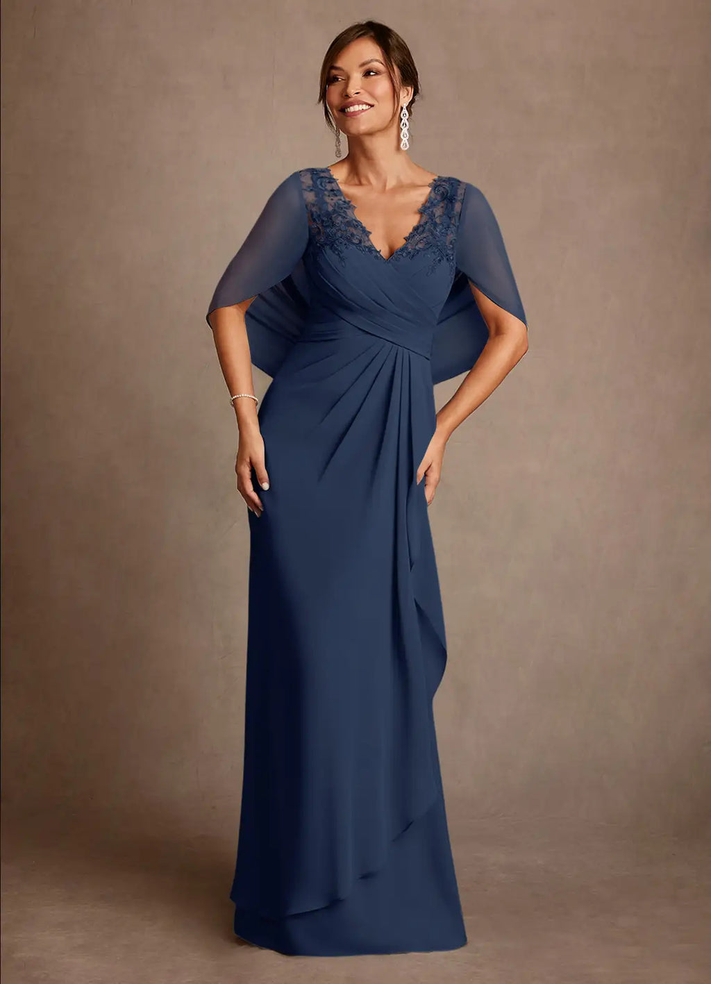 Chiffon V-Neck Evening Gown with Draped Cape
