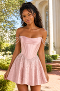 Off-the-Shoulder Pearl Corset Mini Dress