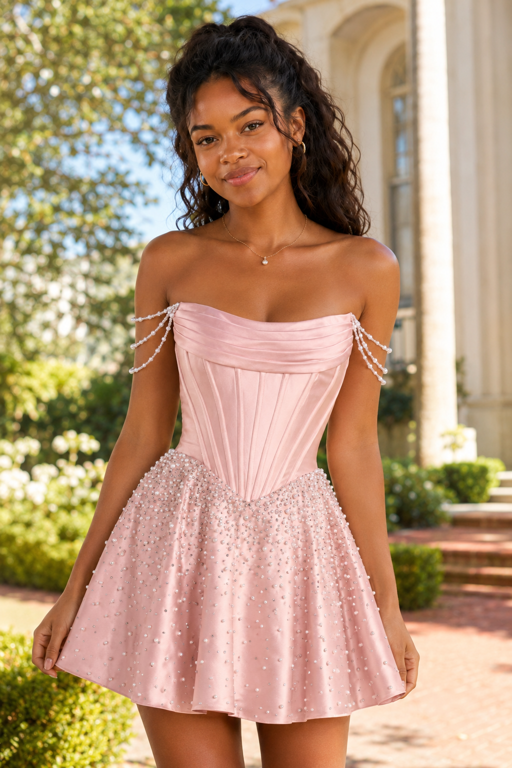 Off-the-Shoulder Pearl Corset Mini Dress