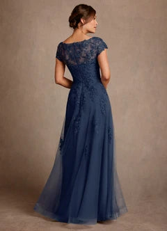Illusion Bateau Neck Lace and Tulle A-Line Gown