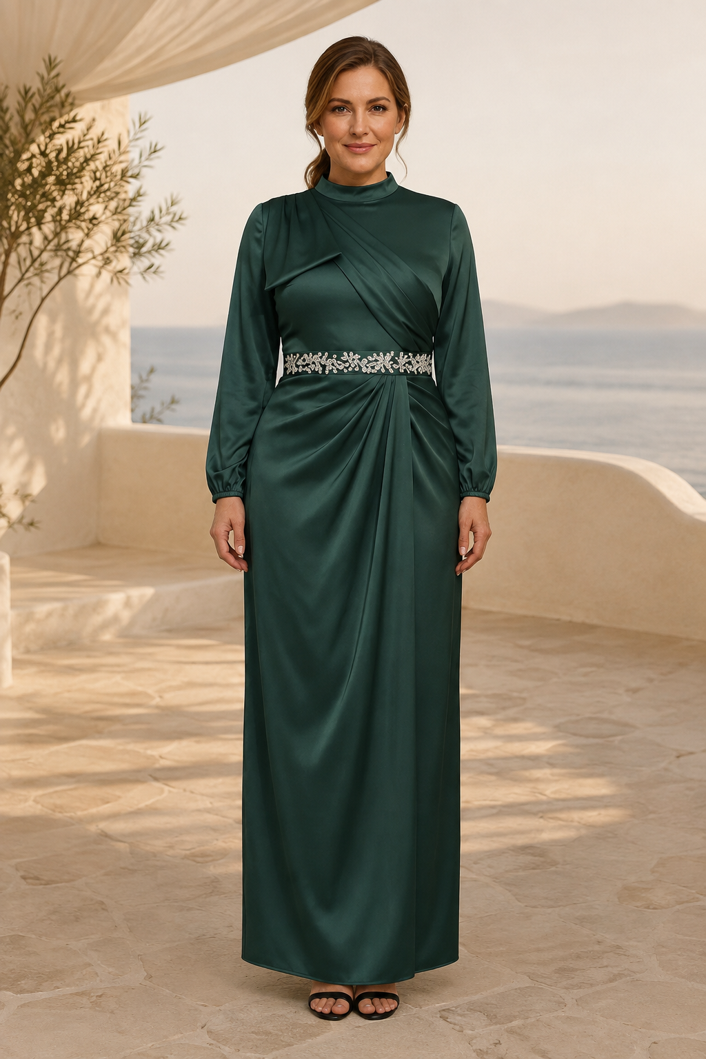 Long Sleeve Satin Column Gown with Crystal Waistband
